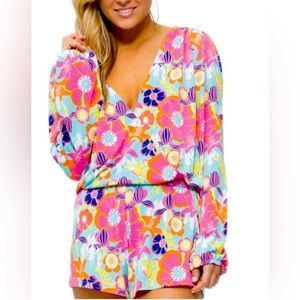 Macbeth Collection bright floral faux wrap romper
